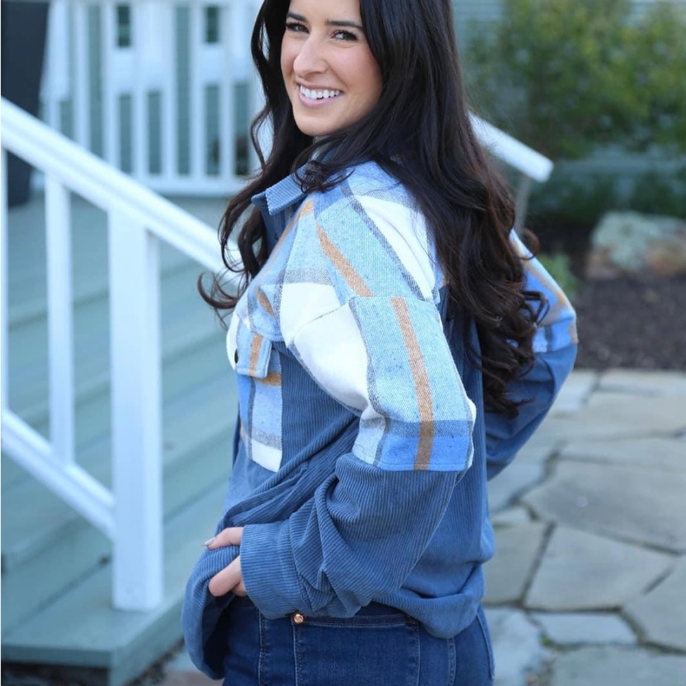 NWT CES FEMME Shacket Top in Slate Blue Corduroy & Plaid